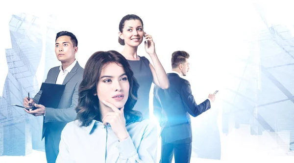 Four Successful Diverse Business People Working Together Blurry Abstract City — Stock Photo, Image