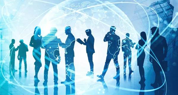 Successful business team members working together in blurry abstract city with double exposure of network interface and planet hologram. Concept of internet and teamwork. Toned image