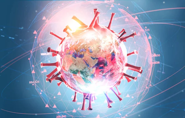 Planet Earth and its digital interface with double exposure of covid 19 coronavirus over blurry blue background. 3d rendering toned image. Elements of this image furnished by NASA