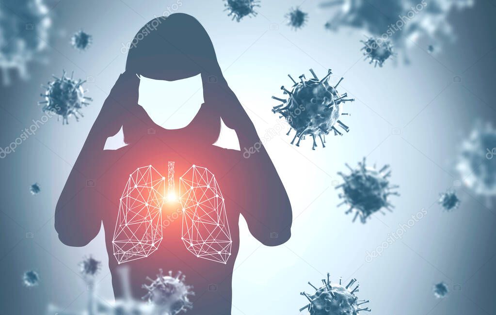 Silhouette of panicking young woman in protective mask over grey background with double exposure of blurry coronavirus. Concept of covid 19 pandemic