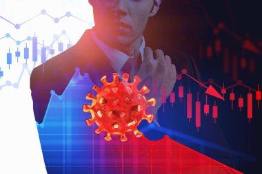 Düşen grafikler ve koronavirüs skeciyle bulanık arka planda duran tanınmamış düşünceli iş adamı. Covid 19 salgınından kaynaklanan finansal kriz kavramı. Tonu ayarlanmış resim