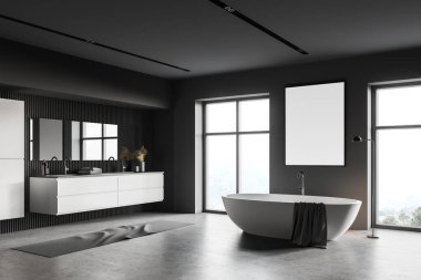 Lüks banyonun köşesinde koyu gri duvarlar, beton zemin, üzerinde dikey maket poster olan rahat küvet, çift lavabo ve bulanık dağ manzaralı pencereler. 3d oluşturma