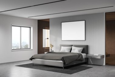 Minimalist yatak odasının köşesinde beyaz ve cam duvarlar, beton zemin, üstünde poster ve arka planda banyo olan rahat kral yatağı. 3d oluşturma