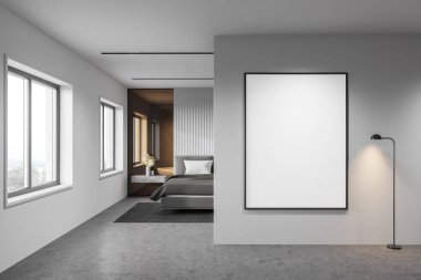Beyaz duvarları, beton zemini, arka planda rahat kral yatağı ve banyosu olan şık minimalist yatak odasında asılı posterler. 3d oluşturma
