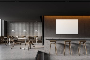 Gri duvarları, beton zemini, tabureli bar tezgahı ve ahşap sandalyeli yuvarlak masaların yanında rahat bir kanepe. Yatay maket posteri. 3d oluşturma