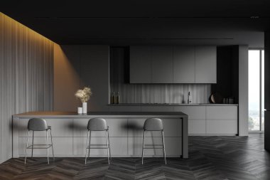 Gri ve ahşap duvarları olan şık bir mutfak, koyu ahşap zemin, gri dolaplar ve tezgahlar ve tabureli rahat bir bar. 3d oluşturma