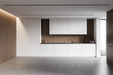 Geniş minimalist mutfak, beyaz ve ahşap duvarlar, beton zemin, beyaz dolaplar ve tezgahlar lavabo, fırın ve bulanık manzaralı pencere. 3d oluşturma