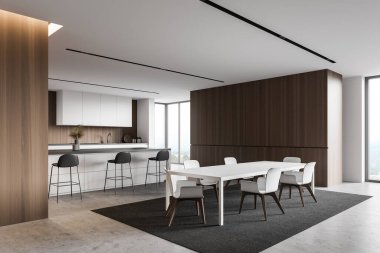 Beyaz ve ahşap duvarları, beton zemini, beyaz tezgahları, taburesi ve sandalyeli beyaz yemek masası olan şık bir mutfağın köşesi. 3d oluşturma