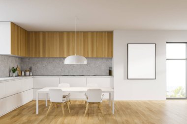 Beyaz ve taş duvarları, beyaz tezgahları, ahşap dolapları ve rahat yemek masası olan şık bir mutfak. Bulanık tropikal manzaralı bir pencere. Dikey maket posteri. 3d oluşturma