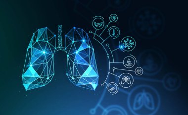 Dijital akciğerler ve bulanık koronavirüs arayüzü koyu mavi arka planda. Covid 19 koronavirüs salgını ve solunum hastalıkları tedavi araştırması kavramı. 3d rengarenk resim çift pozlama