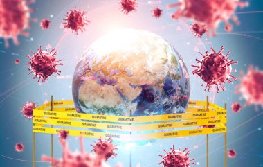 Dünya ve dijital hologramı sarı karantina bandıyla çevrili. 2019 ncov coronavirus pandemia konsepti. 3D tonlanmış görüntü çift pozlama. Bu görüntünün elementleri NASA tarafından desteklenmektedir