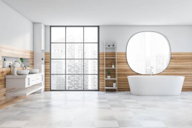 Geniş bir banyo, beyaz ve ahşap duvarlar, fayanslı zemin, üzerinde yuvarlak ayna ve çift lavabo olan rahat bir küvet. Bulanık şehir manzaralı bir pencere. 3d oluşturma