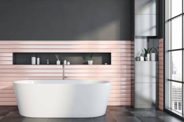 Gri ve pembe duvarları olan şık bir banyo, fayanslı zemin, üzerinde raf olan rahat bir küvet ve güzellik ürünleriyle dolu bir dolap. 3d oluşturma