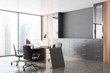 Lüks CEO ofisinin köşesinde gri ve ahşap duvarlar, fayanslı zemin, ziyaretçiler için sandalyeli bilgisayar masası ve klasörlü kitaplıklar. Yönetim kavramı. 3d oluşturma
