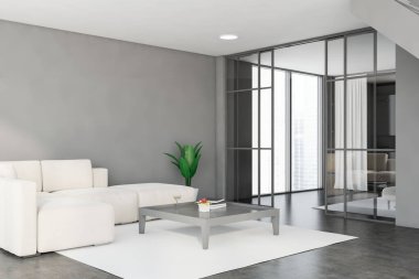 Gri duvarları, beton zemini, rahat beyaz kanepesi ve gri kare sehpası olan şık oturma odasının köşesi. 3d oluşturma