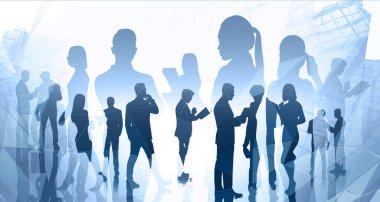 Muhtelif iş adamlarının siluetleri bulanık ve soyut bir şehirde yaratıcı bir şekilde birlikte çalışıyorlar. Ortaklık ve iş hayatı kavramı. Tonu ayarlanmış resim