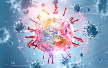 Gezegen Dünya ve 2019 ncov koronavirüsüne maruz kalan dijital arayüzü bulanık mavi arka planda. 3D tonlama görüntüsü. Bu görüntünün elementleri NASA tarafından desteklenmektedir