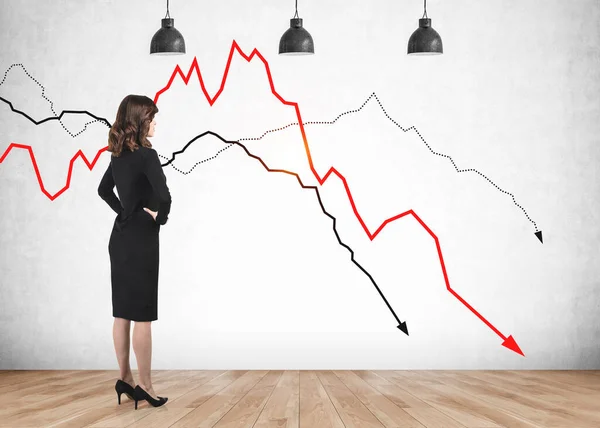 Side View Confident Young European Businesswoman Looking Falling Graphs Drawn — Stock Photo, Image