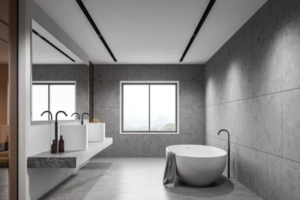 阁楼浴室的内部有白色的瓷砖和玻璃墙 混凝土地面 巨大的双层水池站立在石架与大水平镜和舒适的浴缸 3D渲染 — 图库照片