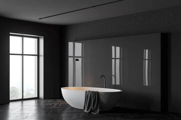 Corner Spacious Minimalistic Bathroom Grey Black Brick Walls Dark Wooden — Stock Photo, Image