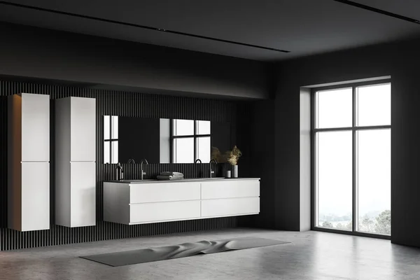 豪华浴室的拐角处有深灰色的墙壁 混凝土地面 舒适的双层水池与水平镜和窗户与模糊的山景 3D渲染 — 图库照片