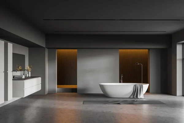 设有深灰色墙壁 混凝土地面 舒适浴缸的宽敞浴室内部 以及带有水平镜的灰色台面双层水池 3D渲染 — 图库照片