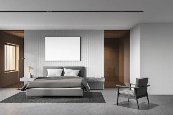 Interieur Van Luxe Slaapkamer Met Witte Muren Betonnen Vloer Comfortabel — Stockfoto