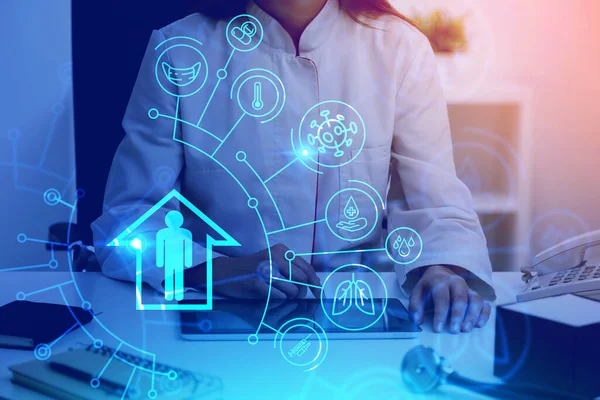 Unrecognizable Woman Doctor Sitting Her Blurry Office Tablet Computer Double — Stock Photo, Image