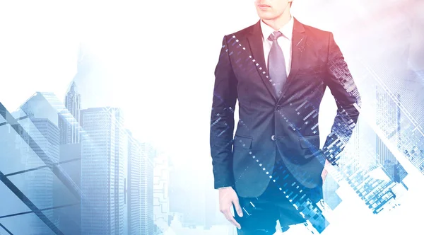 Young European Confident Businessman Standing Abstract Cityscape Background Concept Leadership — Stock Photo, Image