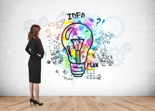 Confident Young Businesswoman Black Dress Looking Colorful Business Idea Sketch — Stock Photo, Image