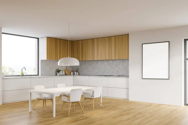 Stilvolle Küchenecke Mit Weißen Und Steinernen Wänden Weißen Arbeitsplatten Holzschränken — Stockfoto