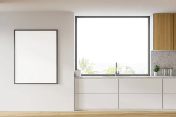 Innenraum Der Komfortablen Küche Mit Weißen Wänden Holzboden Weißen Arbeitsplatten — Stockfoto