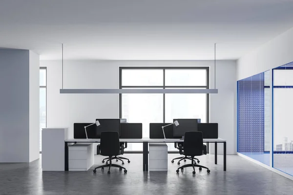 Interno Del Moderno Ufficio Open Space Con Pareti Bianche Blu — Foto Stock