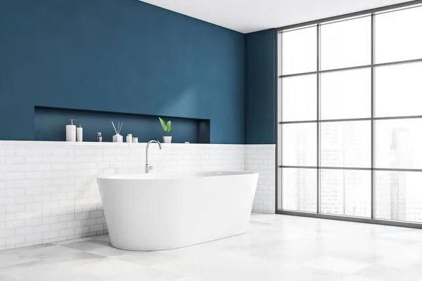 Corner Modern Bathroom Blue White Brick Walls Tiled Floor Comfortable — Stock Photo, Image