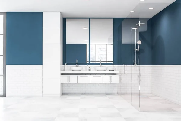 파란색 현대식 화장실의 타일로 샤워기가 싱크대 렌더링 — 스톡 사진