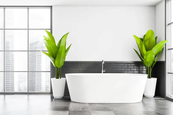 Interior Elegante Cuarto Baño Con Paredes Ladrillo Blanco Negro Suelo — Foto de Stock