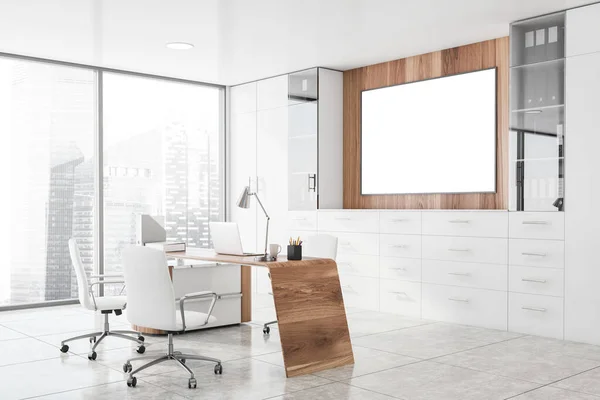 Corner of stylish CEO office with white and wooden walls, tiled floor, computer table with chairs for visitors and horizontal mock up poster frame. 3d rendering