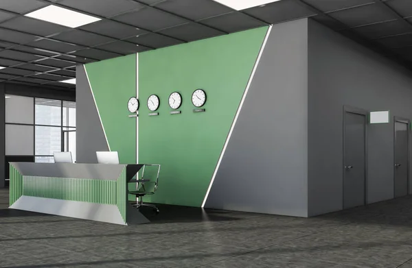 现代国际公司办公室的拐角处 有灰色和绿色的墙壁 铺了瓷砖的地板 配备计算机的舒适的接待台和显示世界各国首都时间的时钟 3D渲染 — 图库照片