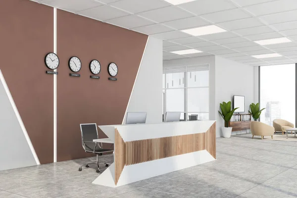 现代国际公司办公室的角落 有白色和棕色的墙壁 铺了瓷砖的地板 配备了电脑和时钟的舒适的接待台 有扶手椅和电视的候车室 3D渲染 — 图库照片