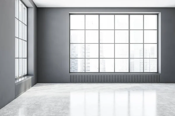 Interior Luxury Empty Room Grey Walls Concrete Floor Big Windows — Stock Photo, Image