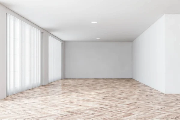 Interior Luxo Sala Vazia Com Paredes Brancas Piso Madeira Grandes — Fotografia de Stock