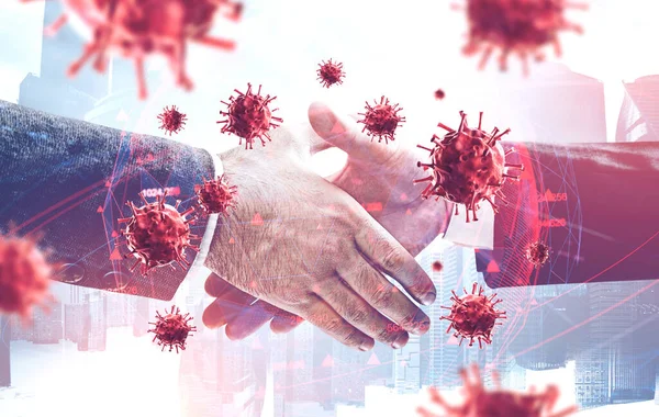 Two businessmen shaking hands in city with double exposure of blurry coronavirus. Stop shaking hands to prevent covid 19 spread. Social distancing concept. Toned image