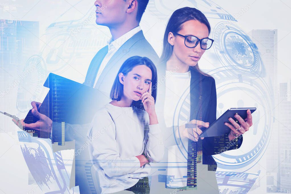 Team of diverse business people working together in city with double exposure of blurry futuristic HUD business interface. Concept of technology and internet. Toned image