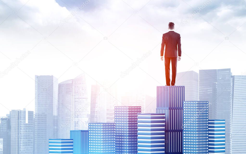 Rear view of young businessman standing on big bar chart and looking at blurry cityscape. Concept of stock market and investment. Toned image