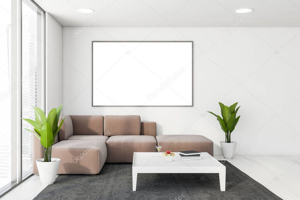 Interior of stylish living room with white walls, wooden floor, comfortable beige sofa and square coffee table. Horizontal mock up poster. 3d rendering