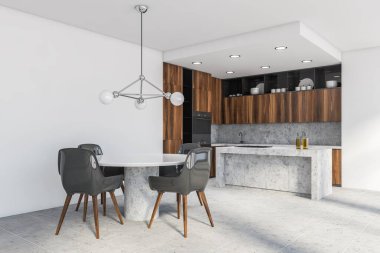 Beyaz duvarları, ahşap tezgahları ve dolapları olan modern mutfağın köşesi, ocağı ve gri sandalyeli yuvarlak yemek masası olan bir ada. 3d oluşturma