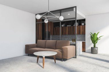 Beyaz duvarlı, fayansla döşenmiş şık oturma odasının köşesi, arka planda kahve masası ve mutfağın yanında duran kahverengi kanepe. 3d oluşturma