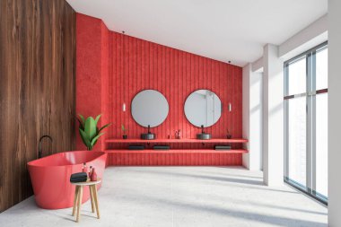 Lüks tavan arası banyosu, beyaz, kırmızı ve ahşap duvarlar, fayanslı zemin, iki yuvarlak aynalı çift lavabo, rahat küvet ve bulanık şehir manzaralı panoramik pencere. 3d oluşturma
