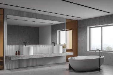 Beyaz fayansları ve cam duvarları olan çatı katı tuvaleti, beton zemin, büyük yatay aynası ve rahat küveti olan taş rafta duran çift lavabo. 3d oluşturma