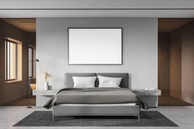 Minimalist yatak odasının içinde beyaz ve cam duvarlar, beton zemin, üzerinde poster ve arka planda banyo olan rahat kral yatağı. 3d oluşturma